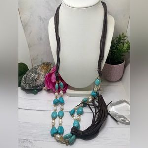 Southwest style pearl crystal turquoise beaded string necklace large chunky